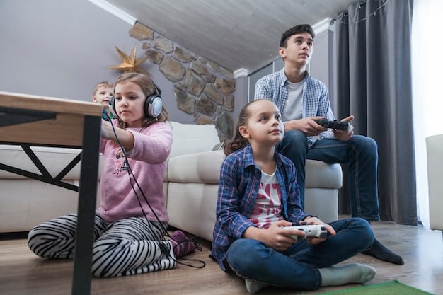 A family playing a Nintendo Switch game together in a living room setting, highlighting the console's appeal to a wide audience and its focus on social gaming experiences.