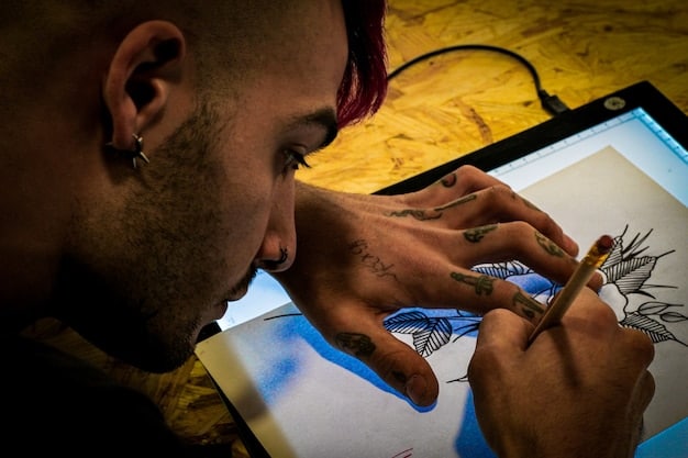 An artist sketching on a digital tablet, surrounded by musical instruments and film equipment, representing the diverse range of creative works protected by copyright.