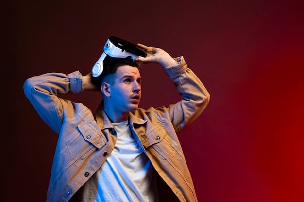 A close-up of a person wearing a VR headset and experiencing a virtual concert. The avatar is shown interacting with the digital environment, with dynamic lighting and special effects enhancing the immersive experience.