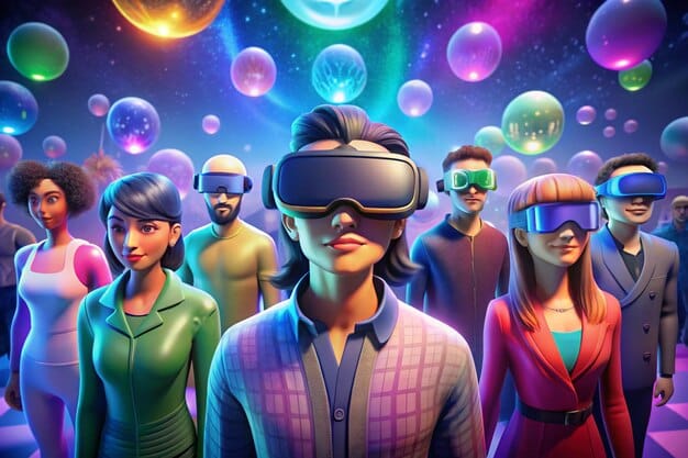 A group of diverse avatars interacting within a vibrant and futuristic virtual world. They are shown participating in a collaborative gaming experience, with dynamic special effects and a lively atmosphere.