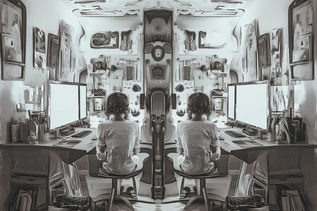 A detailed, behind-the-scenes look at animators at work in a modern studio, with sketches, digital tablets, and computer screens displaying complex animation software interfaces. The lighting should be bright and focused, highlighting the blend of traditional and digital animation methods.