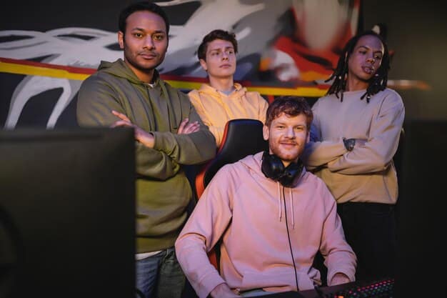 A photo of a successful esports team celebrating their victory on stage, holding a trophy and surrounded by cheering fans. The team members are diverse, reflecting the global nature of esports.