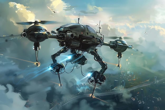 A digital illustration of a futuristic military drone, showcasing advanced sensors and weaponry.  The image represents the growing importance of unmanned systems in modern warfare and the need for continued investment in this area.