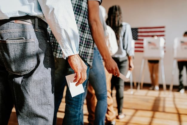 A diverse group of people standing in line to vote at a polling station, representing increased voter participation due to new voting rights legislation.