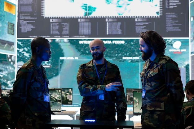 A diverse group of law enforcement officers collaborating around a high-tech command center, monitoring various screens displaying border activity and data analytics.
