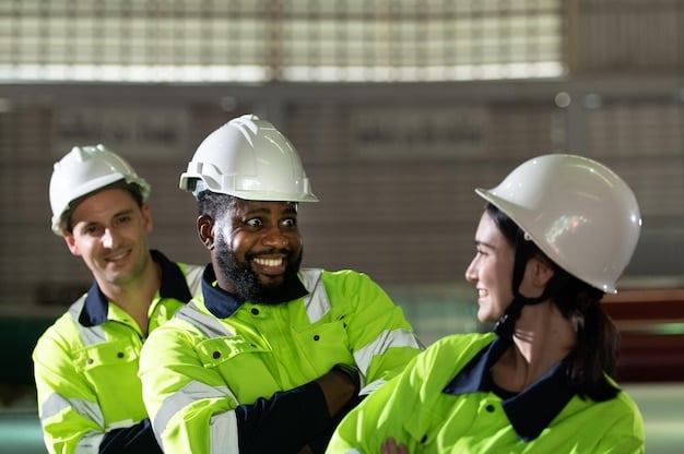 A diverse group of construction workers wearing hard hats and safety vests, collaborating on a road construction project. The scene captures teamwork, precision, and activity related to job creation in infrastructure projects.