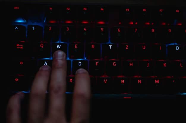 A close-up shot of a hand typing on a keyboard, with binary code subtly overlaid on the screen. The lighting is focused on the keyboard, creating a sense of urgency and concentration.