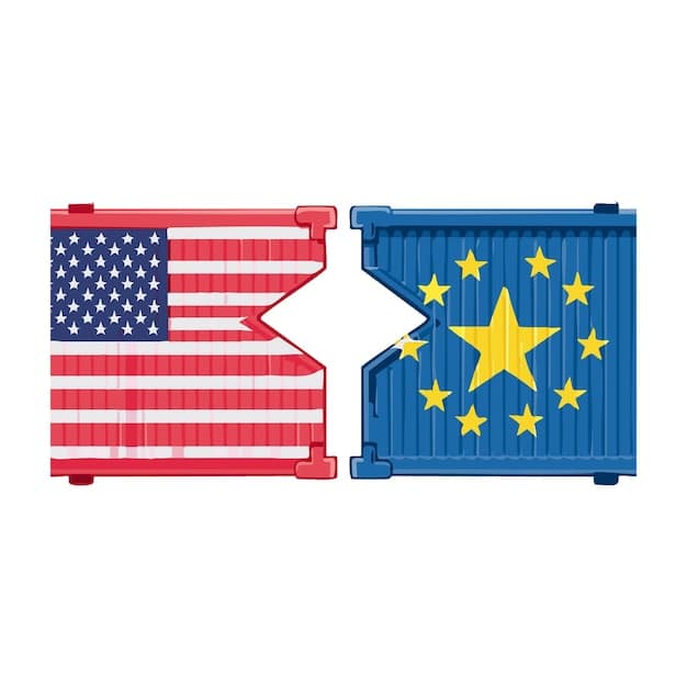 A split image showing the US flag on one side and the flag of a major trading partner (e.g., China, EU) on the other, symbolizing the two sides of a trade dispute.