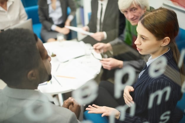 A picture illustrating a school district meeting, showing board members and administrators discussing policy changes and budget allocations. The scene captures the essence of systemic reform with flowcharts and data projections on display.