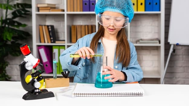 A photograph showcasing a student working independently on a science project, conducting experiments and taking notes. The environment encourages students to seek help from their peers and teachers on an individual basis..