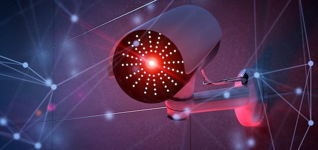 A close-up image of a security camera with a network of interconnected lines radiating outward, symbolizing the interconnectedness of surveillance systems.