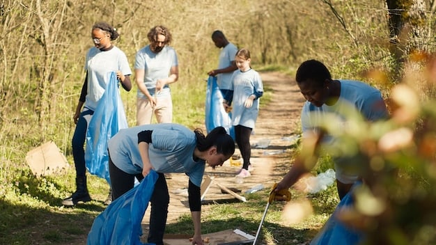 A diverse group of people participating in a community cleanup event, wearing gloves and collecting trash in a park. This image represents community engagement and collective action in response to environmental regulations, showing positive impacts on local ecosystems and social cohesion.