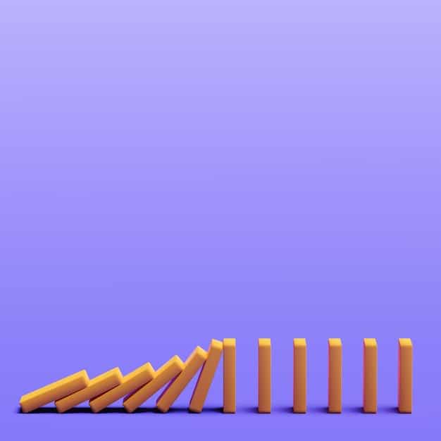 A conceptual image showing dominoes falling, with each domino representing a different aspect of the economy (e.g., investment, hiring, consumer spending).
