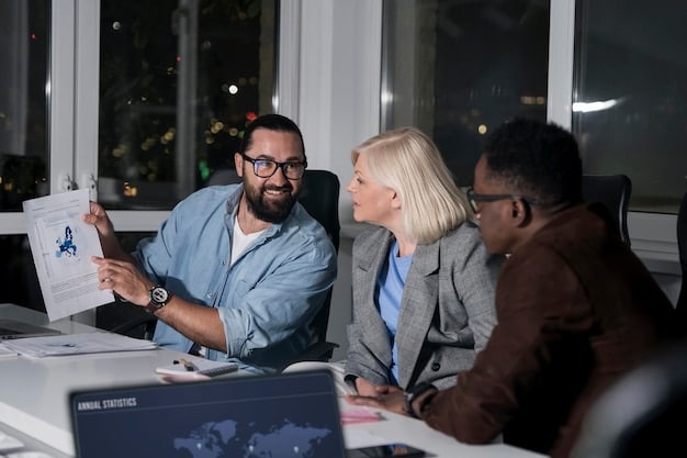 A diverse group of business people collaborating around a table in a modern office, smiling and engaged in a strategic planning session, with charts and graphs visible in the background.