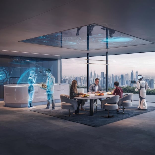 A futuristic office environment with holographic displays and robots assisting human workers. The scene represents the integration of technology and AI in the workplace.
