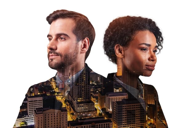 A split image showing two contrasting scenarios: on one side, a busy office with new hires being trained, and on the other side, an empty office space with 