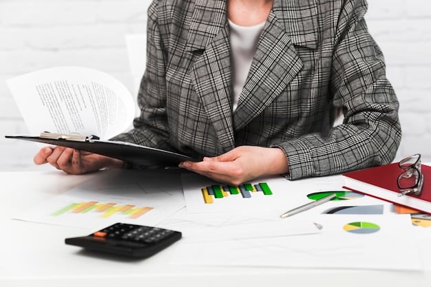 A close-up shot of hands working on a business proposal, with a calculator and financial documents in the background, representing the financial planning affected by interest rates.