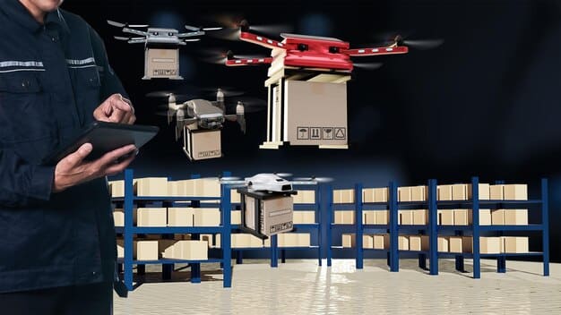 A warehouse scene showing efficient inventory management with automated systems, drones for stocktaking, and well-organized shelving, illustrating the application of technology in inventory optimization.