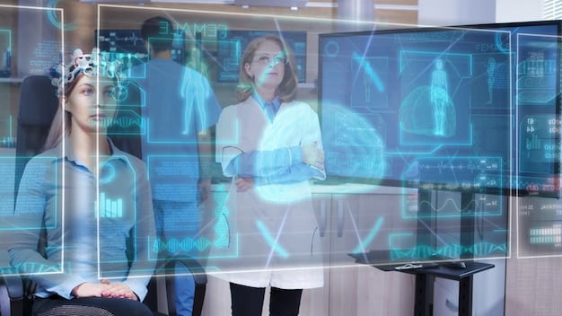 A futuristic doctor's office with AI-powered diagnostic tools analyzing patient data displayed on holographic screens, illustrating AI's role in healthcare.