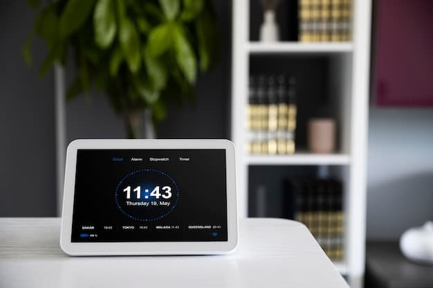 A close-up of a smart thermostat displaying energy usage data in a modern office setting. The thermostat shows a graph of energy consumption over the past week.