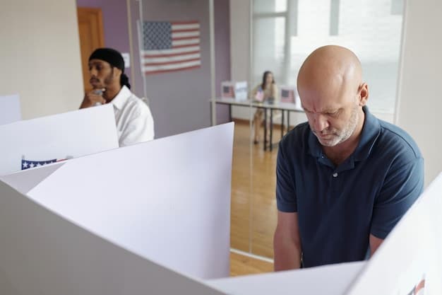 A split image: On one side, a long line of diverse people waiting to vote; on the other side, a close-up of a ballot box with a hand casting a vote, highlighting the act of voting.