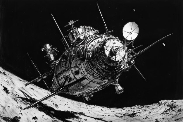 A detailed illustration of the Artemis spacecraft orbiting the Moon, with smaller landing vehicles descending towards the lunar surface. The image should highlight the mission's objectives, such as lunar surface exploration and resource utilization.
