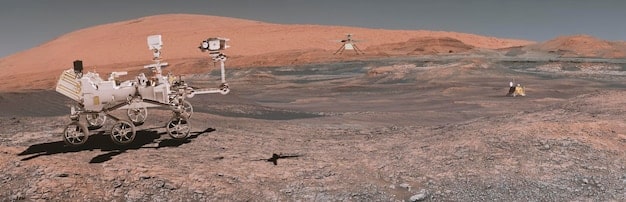 A panoramic view of the Martian landscape, with astronauts exploring the surface, conducting experiments, and setting up a habitat. The image should convey the challenges and opportunities of human exploration on Mars.