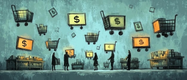 A depiction of consumers shopping in a busy marketplace, with price tags on products showing increasing values, symbolizing the impact of increased consumer demand on inflation.