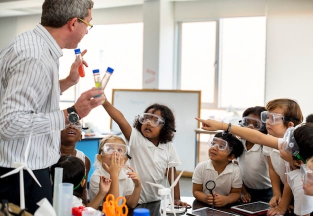 A diverse group of students participating in a hands-on science experiment in a well-equipped classroom. The teacher is guiding them with a smile.