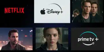 Dynamic collage of streaming service logos and scenes from upcoming 2025 exclusive shows